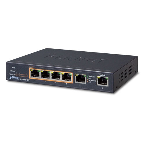 Planet 4-Port 10/100/1000T 802.3at PoE + 2-Port 10/100/1000T Desktop Switch (External 55 Watts), Stock# PN-GSD-604HP