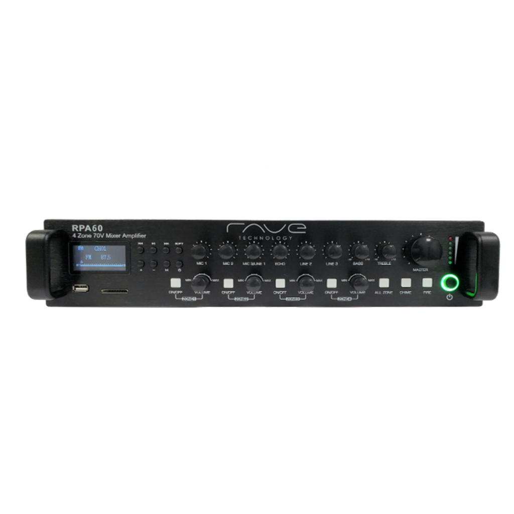 Norelco 60 Watt Paging Public Address Mixer Amplifier with Integrated BT/Tuner/Media Player, Part# RPA-60