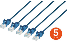 Intellinet IEC-C6-BL-25-SLIM-5P, Cat6 U/UTP Slim Network Patch Cable, 25 ft., Blue, 5-Pack, Part# 742665