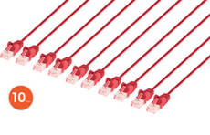 Intellinet IEC-C6-RD-3-SLIM-10P, Cat6 U/UTP Slim Network Patch Cable, 3 ft., Red, 10-Pack, Part# 744829