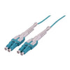 Intellinet 1 m LC to LC UPC Fiber Optic Patch Cable, Uniboot Pull-push tab, 2.0 mm, Duplex, OFNR, OM4 Multimode, Aqua, Part# 752565