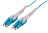 Intellinet 3 m LC to LC UPC Fiber Optic Patch Cable, Uniboot Pull-push tab, 2.0 mm, Duplex, OFNR, OM4 Multimode, Aqua, Part# 752589