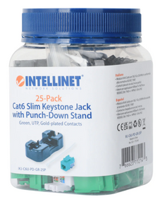 Intellinet Cat6 Slim Keystone Jack with Punch-Down Stand, Green, 25-Pack, IKJ-C6U-PD-GR-25P, Part# 772143