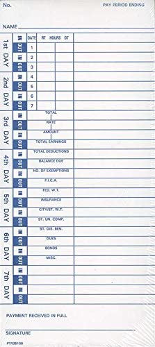 Compumatic Pyramid 3500 3550ss 3600ss 3700 35100 Time Cards (for PTI3500, 100 per pack), Part# 35100-10