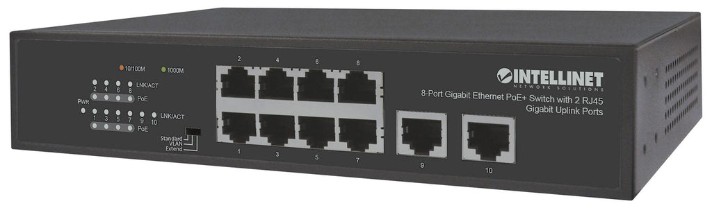 Intellinet 8-Port GbE PoE+ Switch w/ 2 RJ45 GbE Uplink Ports (561402)