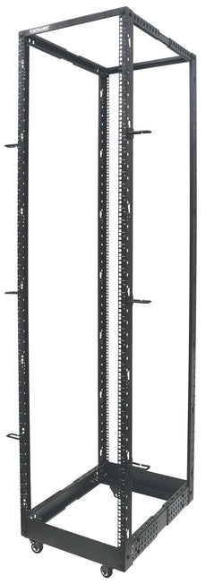 INTELLINENT 19 Inch 4 Post Open Frame Rack, 45U, Adjustable Depth From 22 to 40 In. (55.88 to 101.6 cm), Black, Flatpack, Part# 714259
