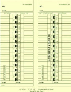 Compumatic Royal TC100 or front load Top load (clipper) Time Cards (1000 per box), Part# TC100card1M